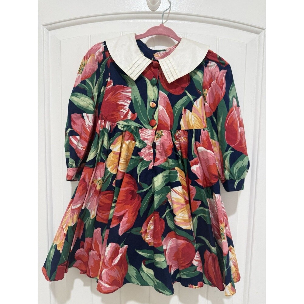 VTG Plum Pudding Tulip Floral Dress 3T 3/4 Sleeve Cotton Collar Elegant